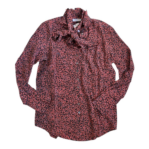NWT Equipment Olexa 100% Silk Printed Tie Neck Blouse Melon Leopard Print Blouse - Picture 1 of 5